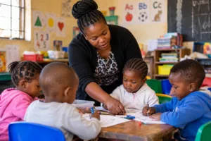 Teacher helping young children with learning activities in a community educare classroom in South Africa