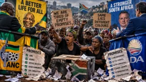 Immoral electioneering depicted through angry South African voters confronting ANC and DA representatives over broken promises ahead of local government elections.