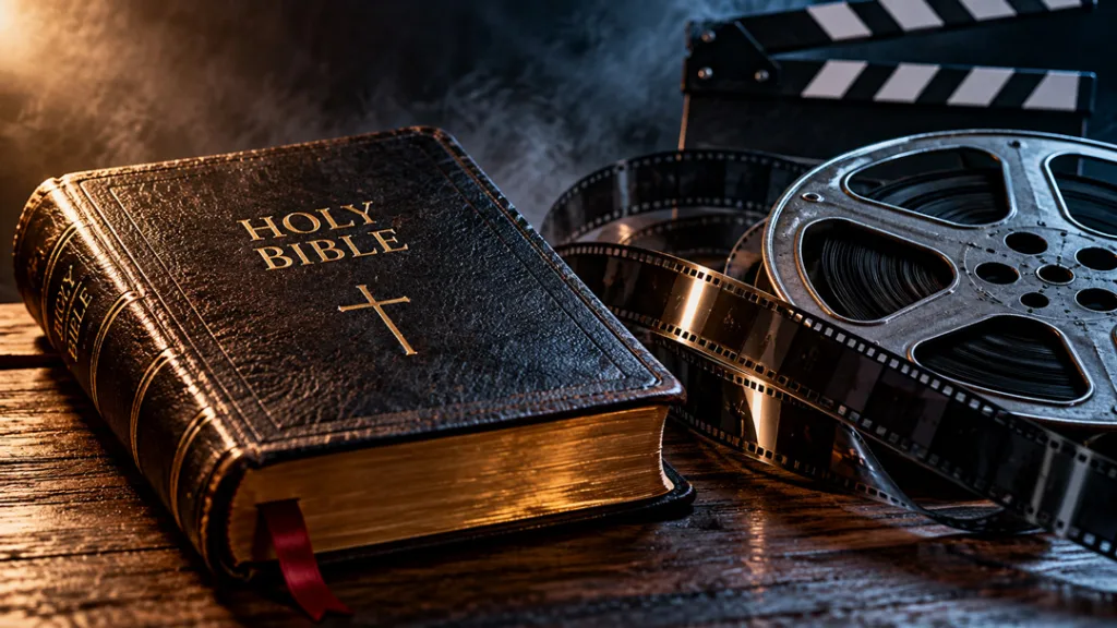 Holy Bible beside a film reel and filmstrip, illustrating comparisons between scripture and horror films.