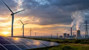Solar panels and wind turbines alongside a conventional power station at sunset, illustrating the debate over energy policy and decarbonisation.