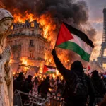 Dramatic illustration of a burning Paris street, a Palestinian flag and a crowd of protesters near the Eiffel Tower.