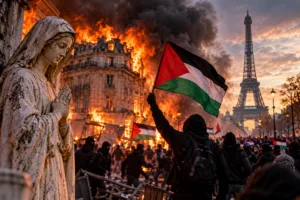 Dramatic illustration of a burning Paris street, a Palestinian flag and a crowd of protesters near the Eiffel Tower.
