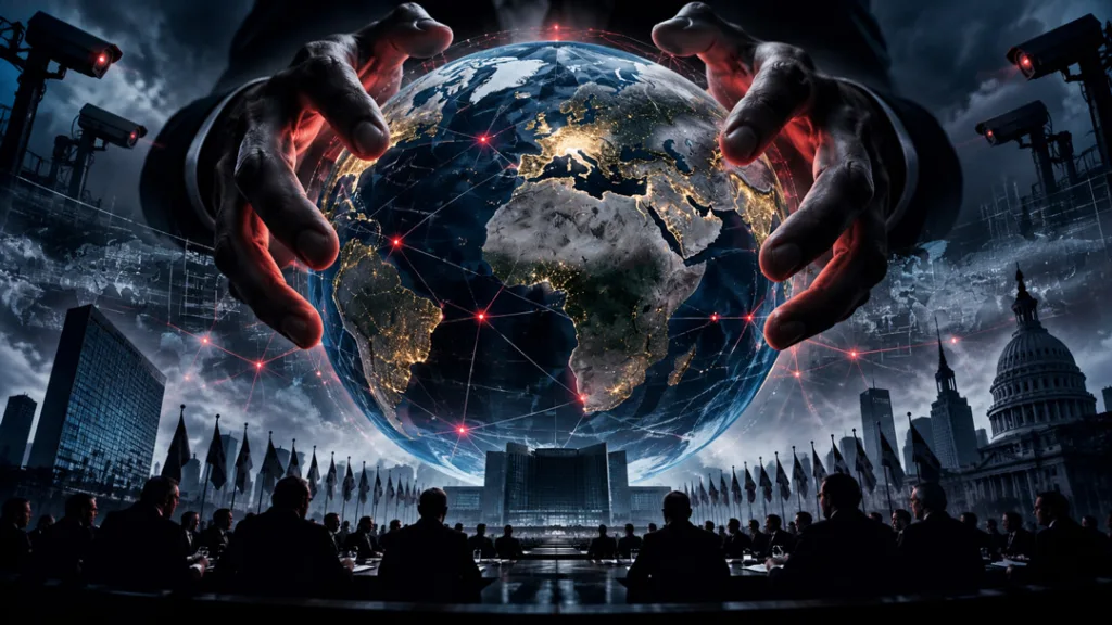 Glowing Earth held by shadowy hands above a global political assembly, symbolising global control and digital surveillance.