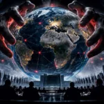Glowing Earth held by shadowy hands above a global political assembly, symbolising global control and digital surveillance.