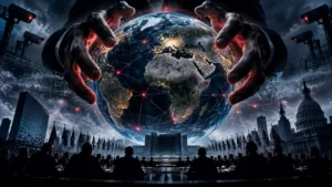 Glowing Earth held by shadowy hands above a global political assembly, symbolising global control and digital surveillance.