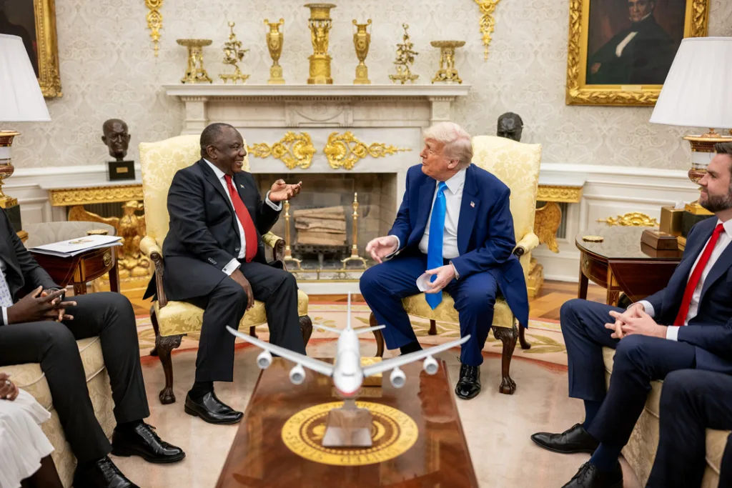Donald Trump meets South African President Cyril Ramaphosa in the Oval Office on May 21, 2025.